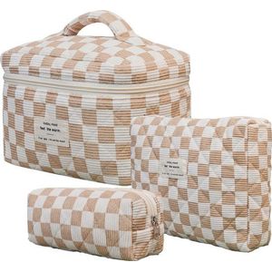 SC Travel Essentials - 3-delige Make-up Tas Set - Eco-vriendelijk Katoen - Gewatteerde Gebloemde Organizers - Ruim, Duurzaam en Ideaal voor Reizen