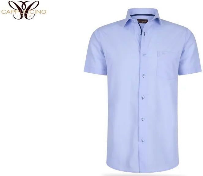 Cappuccino Italia - Heren Overhemd - Blauw - Korte Mouwen - Lange Model