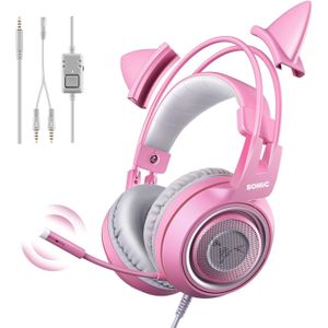 Somic G951 - PS4 PS5 7.1 Surround - Roze Kat Ear Noise Cancelling Hoofdtelefoon - 3.5Mm Plug - Meisje - Kids - Gaming Headset Met Microfoon Voor
