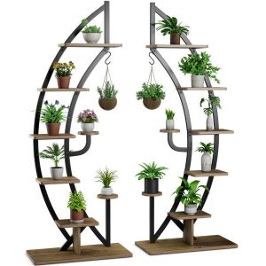 Coast 7-Lagen Halve Maanvormige Plantenstandaard – Metaal & Hout – 60x30x155 cm – Zwart/Houtkleur