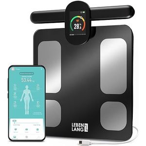 LEBENLANG - Fitness Lichaamsvetweegschaal met Handsensoren – 29 Meetwaarden, App Connect, 180 kg Draagvermogen - Weegschaal met Lichaamsvetanalyse &
