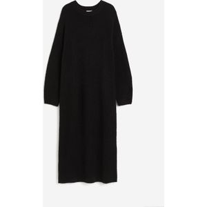 H&M Zwarte Gebreide Midi Trui-Jurk – XS, Ronde Hals, Lange Raglanmouwen, Loose Fit