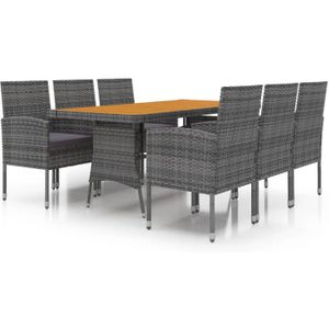 The Living Store Tuinset - Grijs PE-rattan - Acaciahouten tafel - 160x70x72cm - Inclusief 6 stoelen en zitkussens