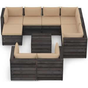 The Living Store pallet loungeset - grenenhouten tuinmeubelset - modulair design - 69x70x66 cm - beige kussen