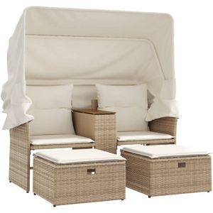 vidaXL Tuinbank 2-zits met luifel en voetenbanken poly rattan beige