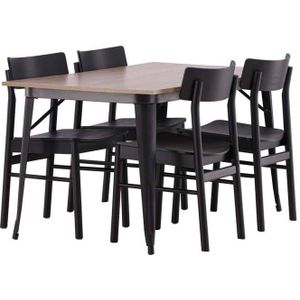 Tempe eethoek tafel okkernoot decor en 4 Montros stoelen zwart.