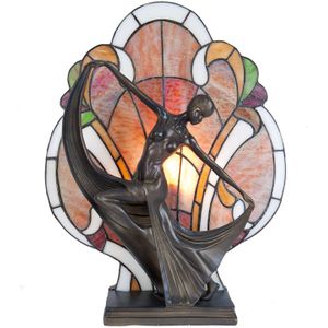 HAES DECO - Tiffany Tafellamp 35x15x44 cm Bruin Rood Glas Tiffany Lampen Nachtlampje Glas in Lood