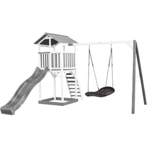 AXI Beach Tower Speeltoestel van hout in Grijs en Wit Speeltoren met zandbak, nestschommel en grijze glijbaan
