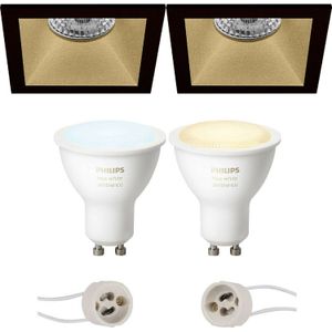 Pragmi Pollon Pro - Inbouw Vierkant - Mat Zwart/Goud - Verdiept - 82mm - Philips Hue - LED Spot Set GU10 - White