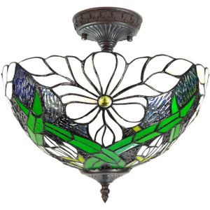 HAES DECO - Plafondlamp Tiffany Groen, Wit Ø 36x35 cm E27 / max 2x60W