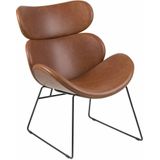 Cazy fauteuil in cognac kunstleder en zwart metalen onderstel.