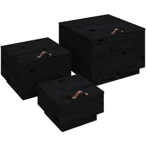 VidaXL Opbergboxen met deksels 3 st Massief Grenenhout Zwart