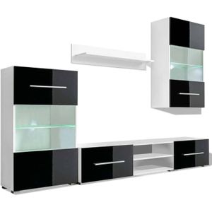 The Living Store Muurvitrine Set - Matwit - Hoogglans - 240x40x195cm - LED-verlichting