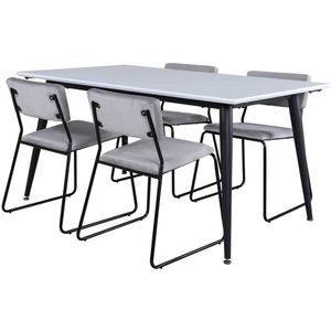 Jimmy150 eethoek eetkamertafel uitschuifbare tafel lengte cm 150 / 240 wit en 4 Kenth eetkamerstal velours grijs.