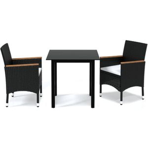 The Living Store Tuinset - Acacia Hout - PE Rattan - Zwart - 80x80x74 cm - Inclusief 2 stoelen en kussens