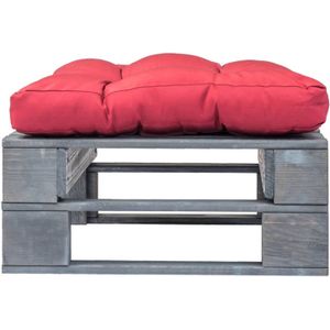 The Living Store Pallet Hocker - Tuinpoef - 60 x 60 x 35 cm - Rood kussen - Grijs geïmpregneerd grenenhout