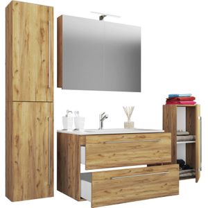 Badinos badkamer B 80 cm, spiegelkast, honing eiken decor.