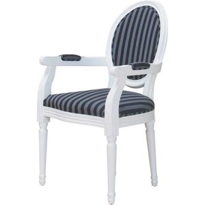 Witte stoel met armleuning Rococo met zwart gestreepte bekleding.