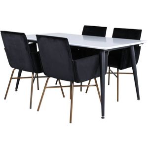 Jimmy150 eethoek eetkamertafel uitschuifbare tafel lengte cm 150 / 240 wit en 4 Pippi eetkamerstal velours zwart.