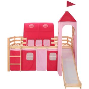 The Living Store Kinderhoogslaper Prinsessenthema - Houten hoogslaper inclusief tent - glijbaan en ladder - 90x200 cm