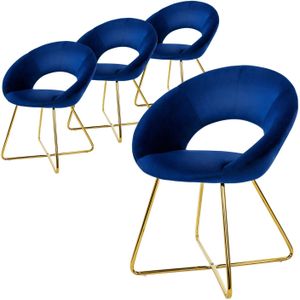 ML-Design eetkamerstoelen set van 4 blauw fluweel, woonkamerstoel met ronde rugleuning, gestoffeerde stoel met gouden