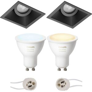 Pragmi Zano Pro - Inbouw Vierkant - Mat Zwart - Kantelbaar - 93mm - Philips Hue - LED Spot Set GU10 - White Ambiance -