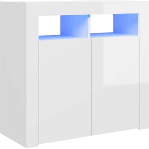 The Living Store Dressoir - Bewerkt hout - 80 x 35 x 75 cm - LED-verlichting - Hoogglans wit