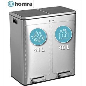 Homra QUICKX Duo Prullenbak - Afvalemmer Afvalscheiding 2 vakken – 60L - RVS