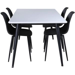 Jimmy150 eethoek eetkamertafel uitschuifbare tafel lengte cm 150 / 240 wit en 4 Polar eetkamerstal zwart.