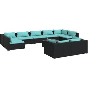 The Living Store Loungeset - PE-rattan - zwart - waterblauwe kussens
