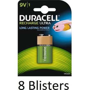8 Blisters (8 Blisters a 1 st) Duracell 9V Oplaadbare Batterij - 170 mAh