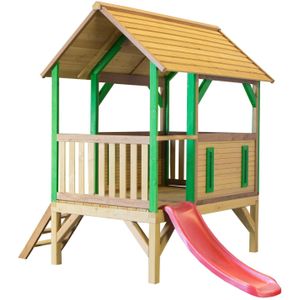 AXI Akela Speelhuis op palen & rode glijbaan Speelhuisje voor de tuin / buiten in bruin & groen van FSC hout