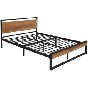 Metalen bed Bedframe met lattenbodem 140x200 cm zwart/bruin met houten hoofdbord & voeteneind ML design