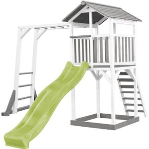 AXI Beach Tower Speeltoestel van hout in Grijs en Wit Speeltoren met zandbak, klimrek en limoen groene glijbaan