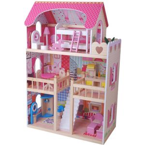 Bandits & Angels houten poppenhuis House of Angels - 3 jaar - 90 cm hoog - inclusief 16 meubeltjes - roze