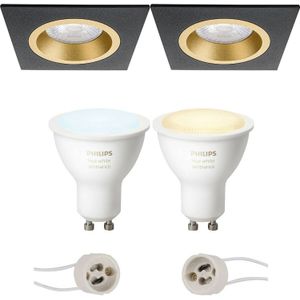 Pragmi Rodos Pro - Inbouw Vierkant - Mat Zwart/Goud - 93mm - Philips Hue - LED Spot Set GU10 - White Ambiance -