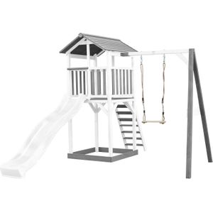 AXI Beach Tower Speeltoestel van hout in Grijs en Wit Speeltoren met zandbak, schommel en witte glijbaan