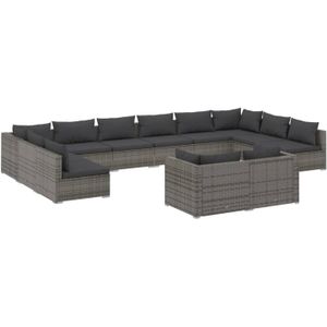 VidaXL Loungeset 12-delig met Kussens - Poly Rattan Grijs