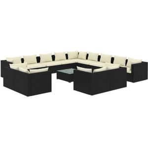 The Living Store Loungeset Poly Rattan - 14-delig - Zwart - Crème kussens