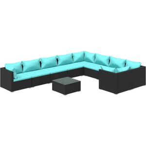 The Living Store Loungeset - poly rattan - zwart - 70x70x60.5 cm - inclusief kussens