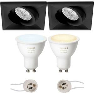 Pragmi Qiundo Pro - Inbouw Vierkant - Mat Zwart - Kantelbaar - 80mm - Philips Hue - LED Spot Set GU10 - White Ambiance -