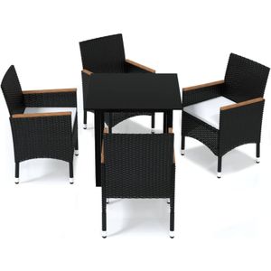 The Living Store Tuinset - Acacia PE-rattan - Glas Aluminium - 80x80x74 cm - Zwart/Crèmewit - 4 stoelen