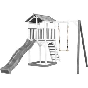 AXI Beach Tower Speeltoestel van hout in Grijs en Wit Speeltoren met zandbak, schommel en grijze glijbaan