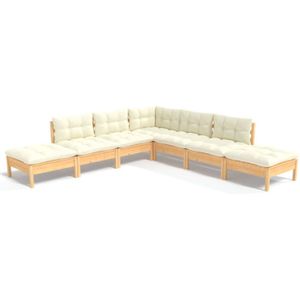 The Living Store Loungeset - Grenenhout - Modulaire opstelling - 63.5 x 63.5 x 62.5 cm - Crème kussens