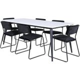 Jimmy195 eethoek eetkamertafel uitschuifbare tafel lengte cm 195 / 285 wit en 6 Kenth eetkamerstal velours zwart.