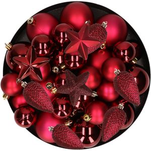 Kerstversiering kunststof kerstballen donkerrood 6-8-10 cm pakket van 68x stuks - Kerstbal