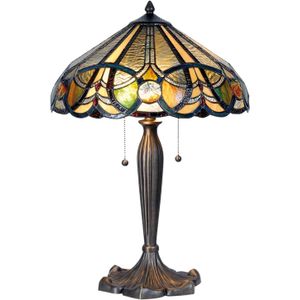 LumiLamp Tiffany Tafellamp Ø 41x61 cm Beige Groen Glas Driehoek Tiffany Bureaulamp Beige Tiffany Bureaulamp