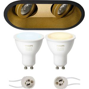 Pragmi Zano Pro - Inbouw Ovaal Dubbel - Mat Zwart/Goud - Kantelbaar - 185x93mm - Philips Hue - LED Spot Set GU10 - White