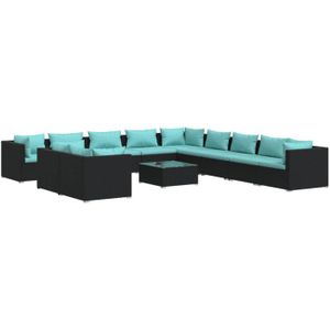 The Living Store Loungeset Poly Rattan Zwart - 60x60x30cm Tafel - Comfortabele Kussens - Modulair Design