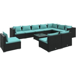 The Living Store Loungeset Poly Rattan - Zwart - Modulair Design - Waterbestendig - Comfortabele kussens